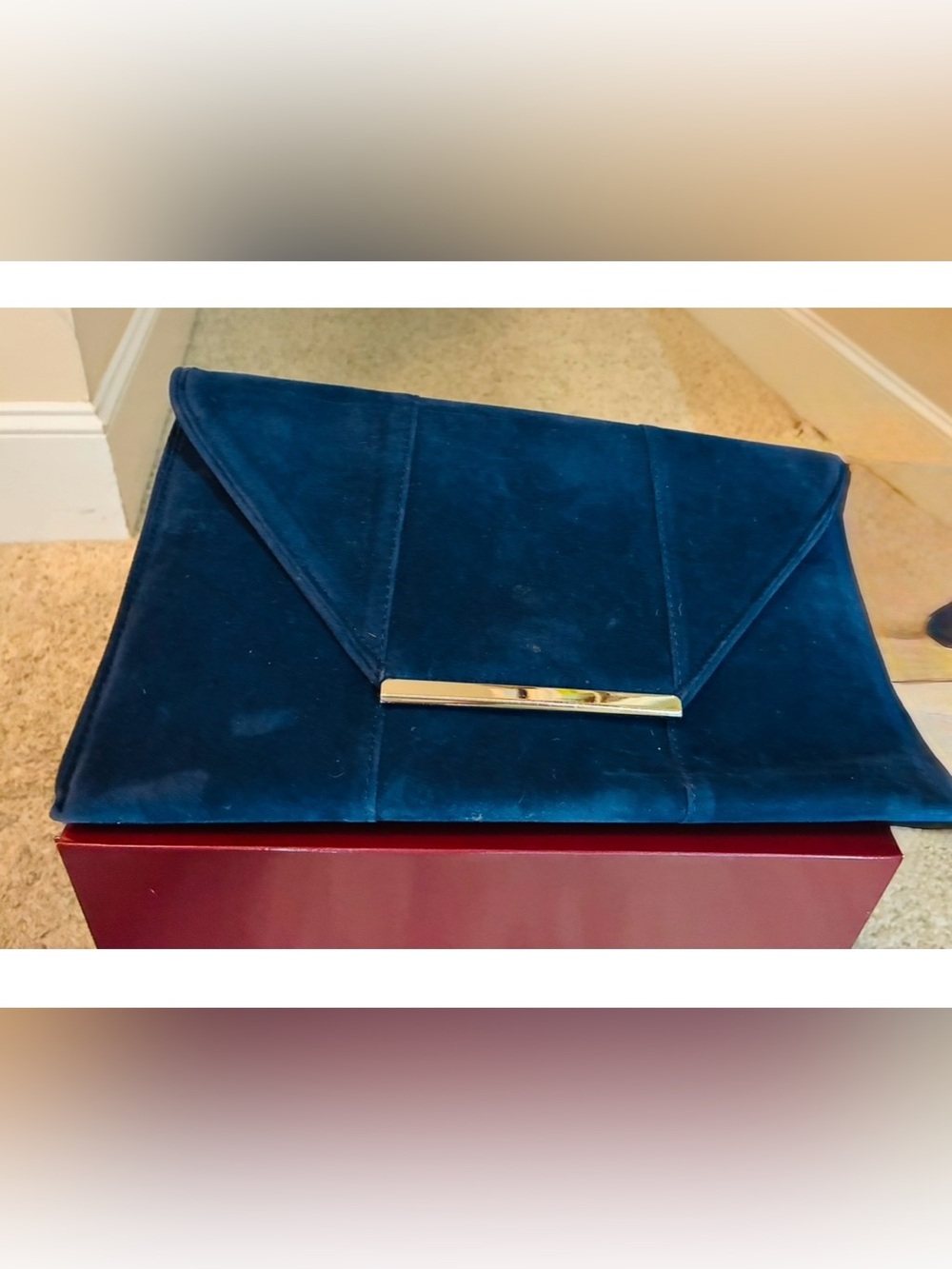 Source Unknown Deep Blue Velvet Envelope Clutch with Gold Bar